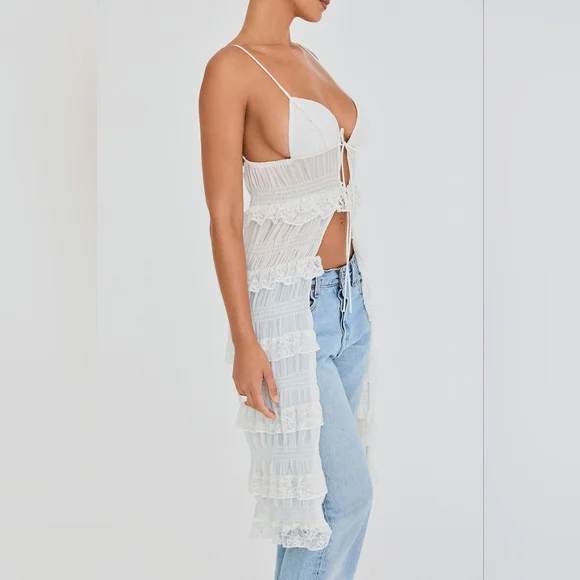 NWT Mistress Rocks White Lace Frilled Longline Midi Top‎ L - Picture 3 of 8